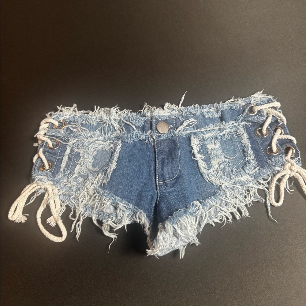 Y2K Distressed Lace Up Denim Micro Shorts Low Rise Festival Rave exotic dancer